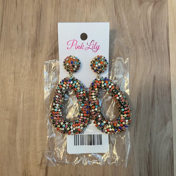 Multi-Color Rhinestone Drop Earrings Pink Lily - Picture 3 of 3